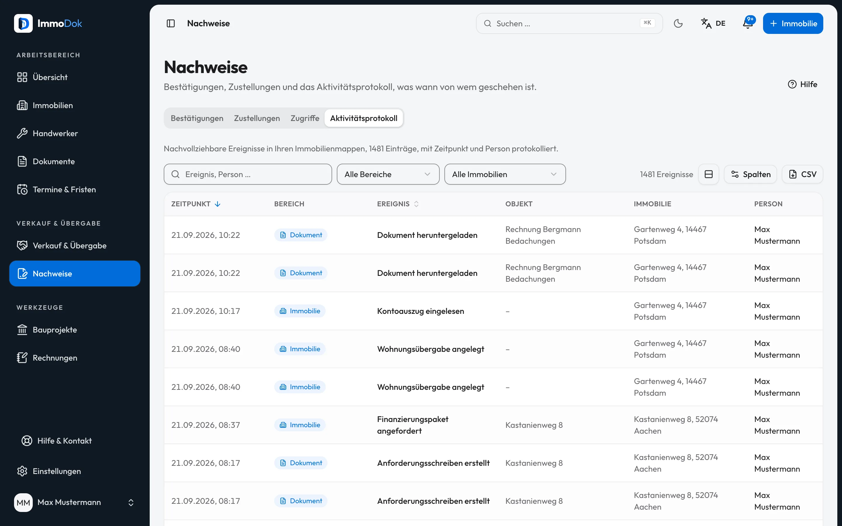 Aktivitätsprotokoll in ImmoDok: chronologische Ereignisse mit Bereich, Objekt und handelnder Person