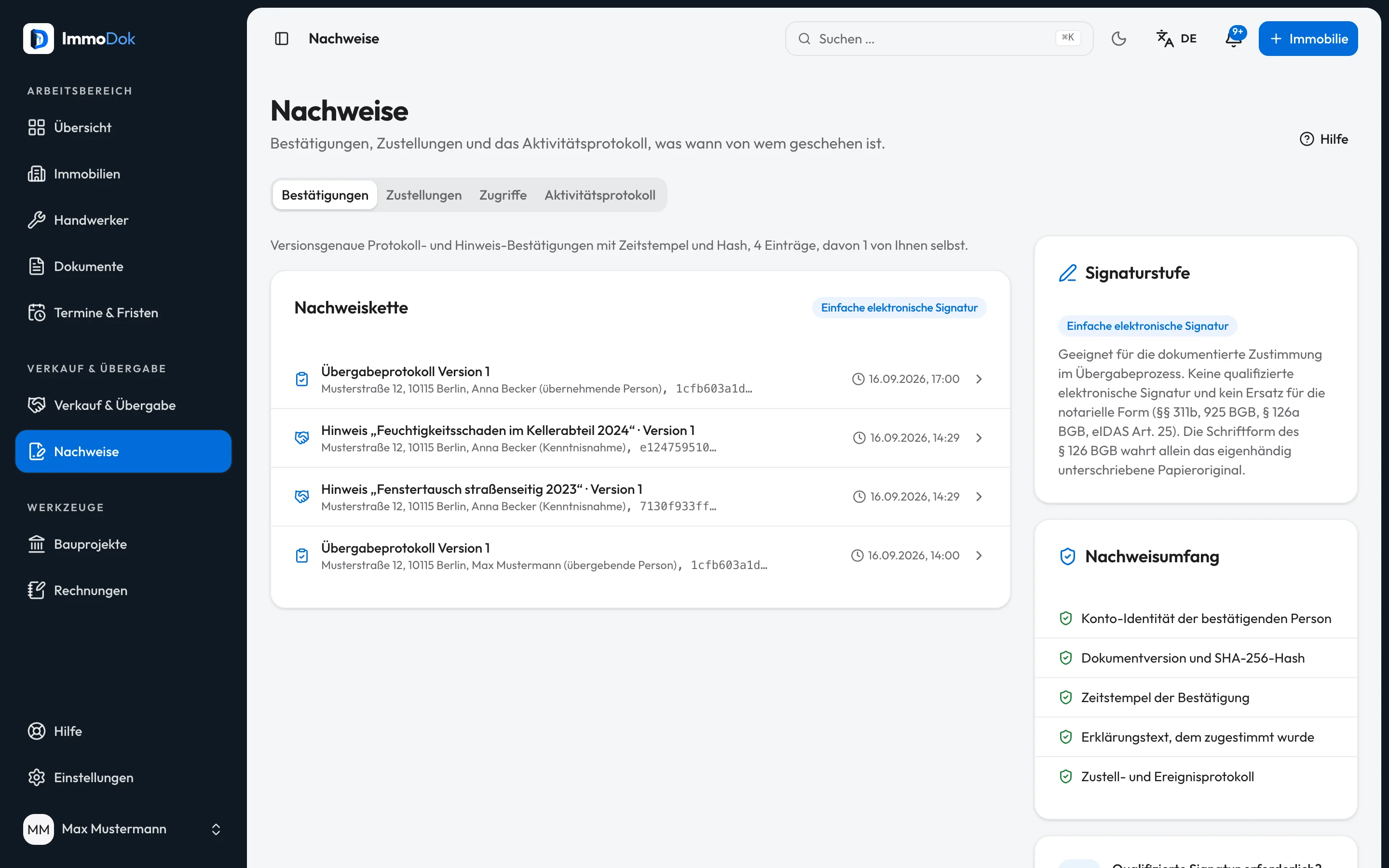 Confirmations overview in ImmoDok: protocol versions with confirmations, timestamps and checksums