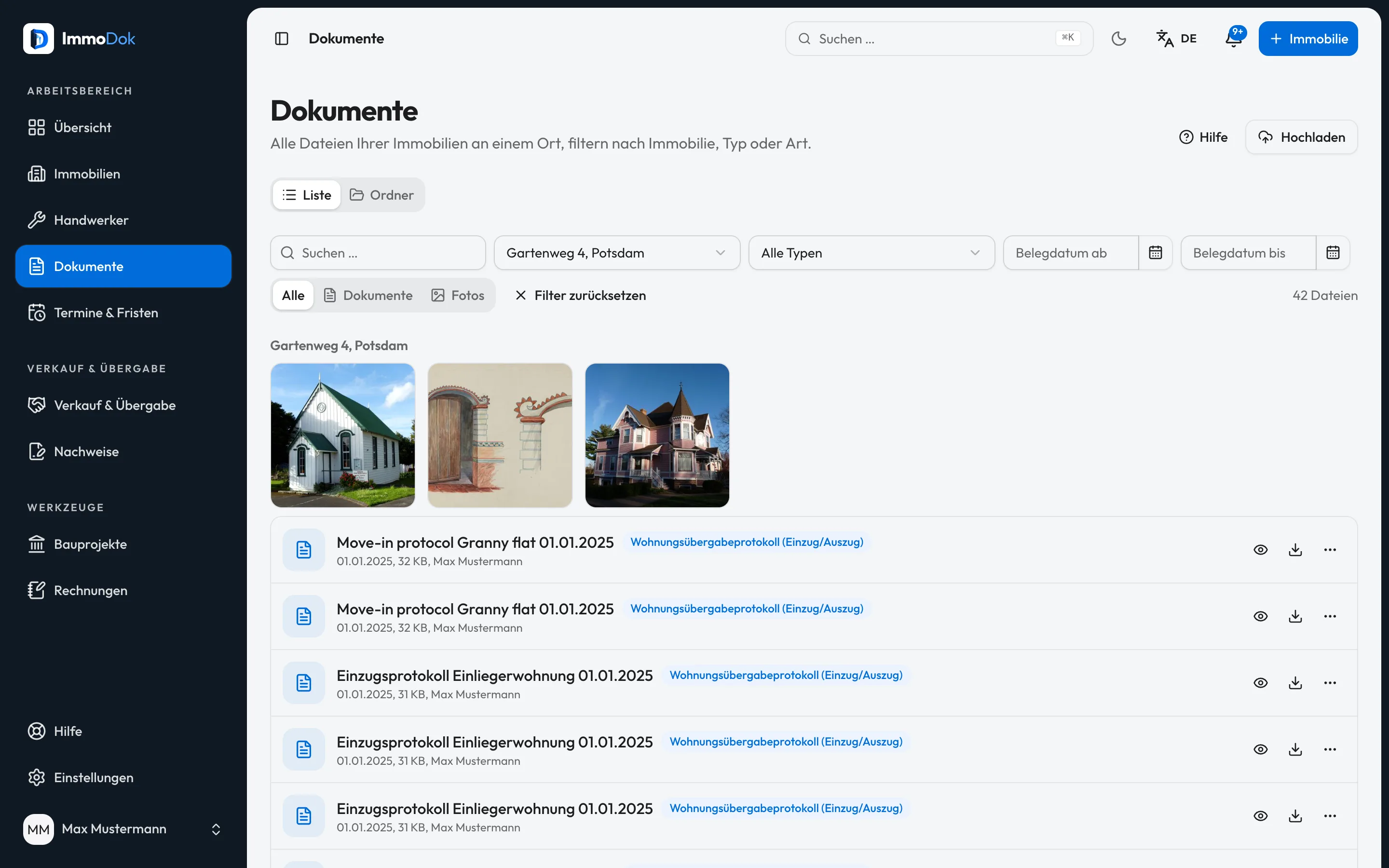 Dokumenten-Arbeitsbereich in ImmoDok mit Filtern, Dokumentgruppen und Upload-Bereich