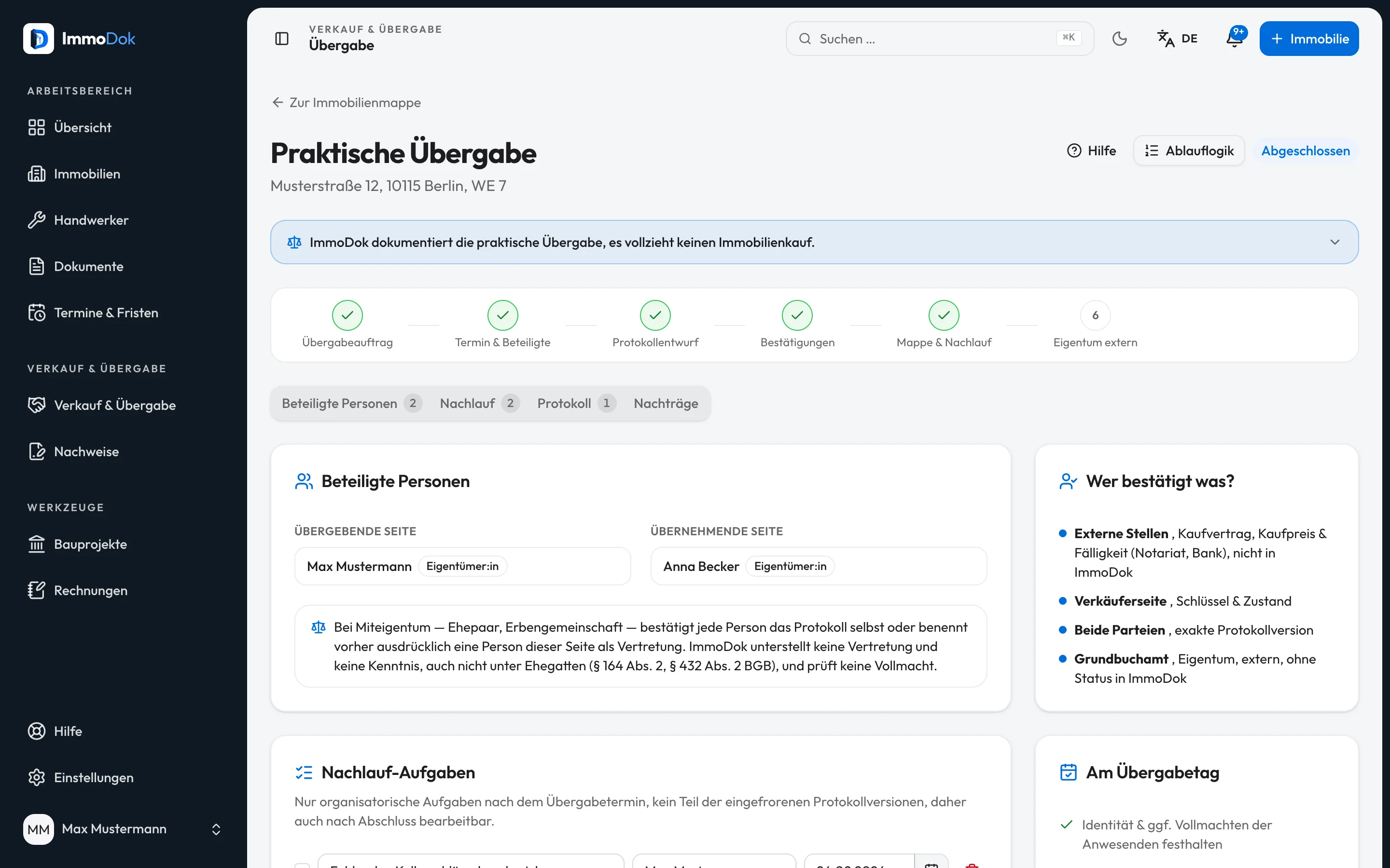 Handover view in ImmoDok: appointment, participants, meter readings, keys and protocol status