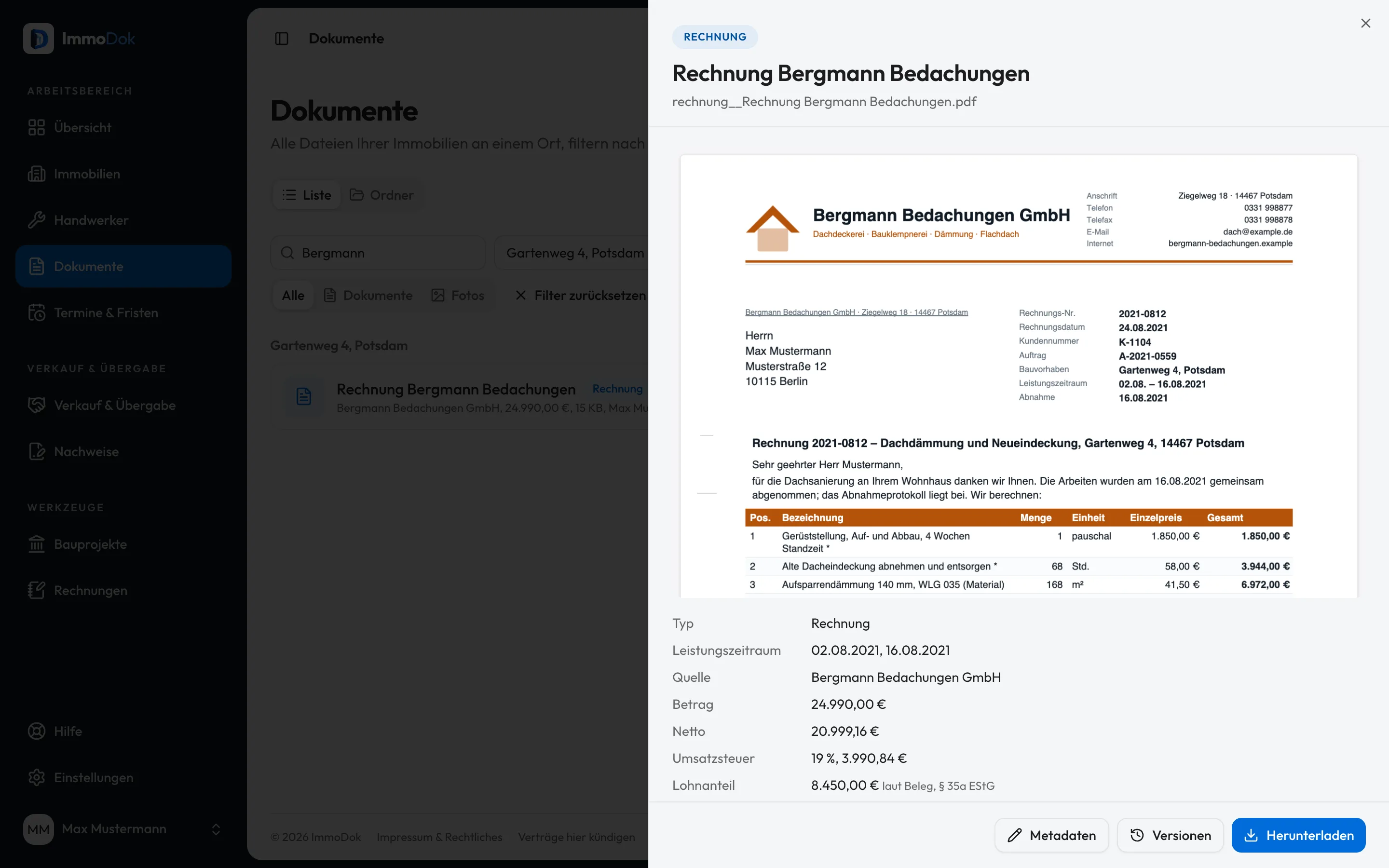 Document preview in ImmoDok: a tradesman’s invoice with the amount read, net, VAT, labour share and the note “please check”
