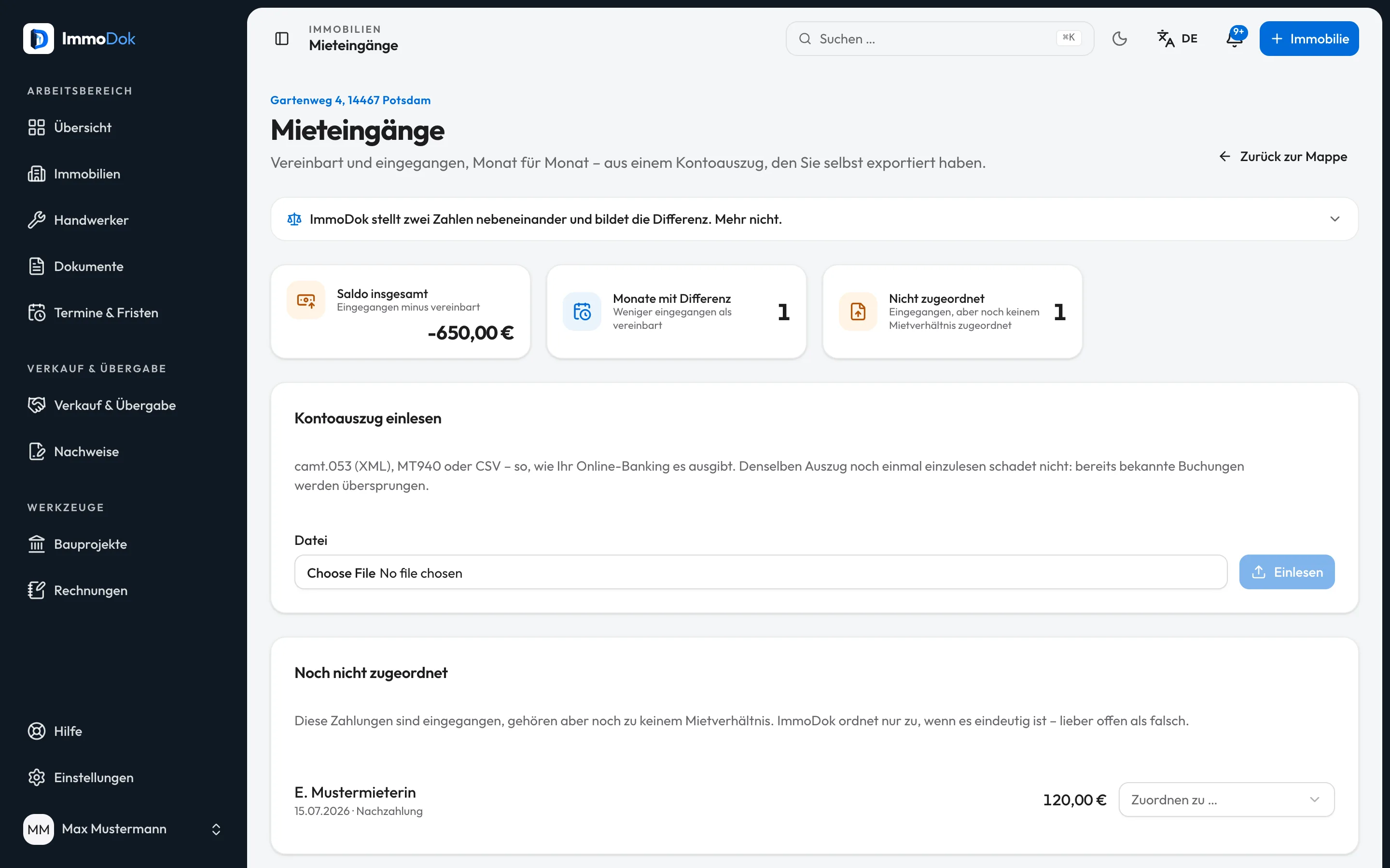 Mieteingänge in ImmoDok: Saldo, Monate mit Differenz, eine nicht zugeordnete Zahlung und der Upload für den Kontoauszug
