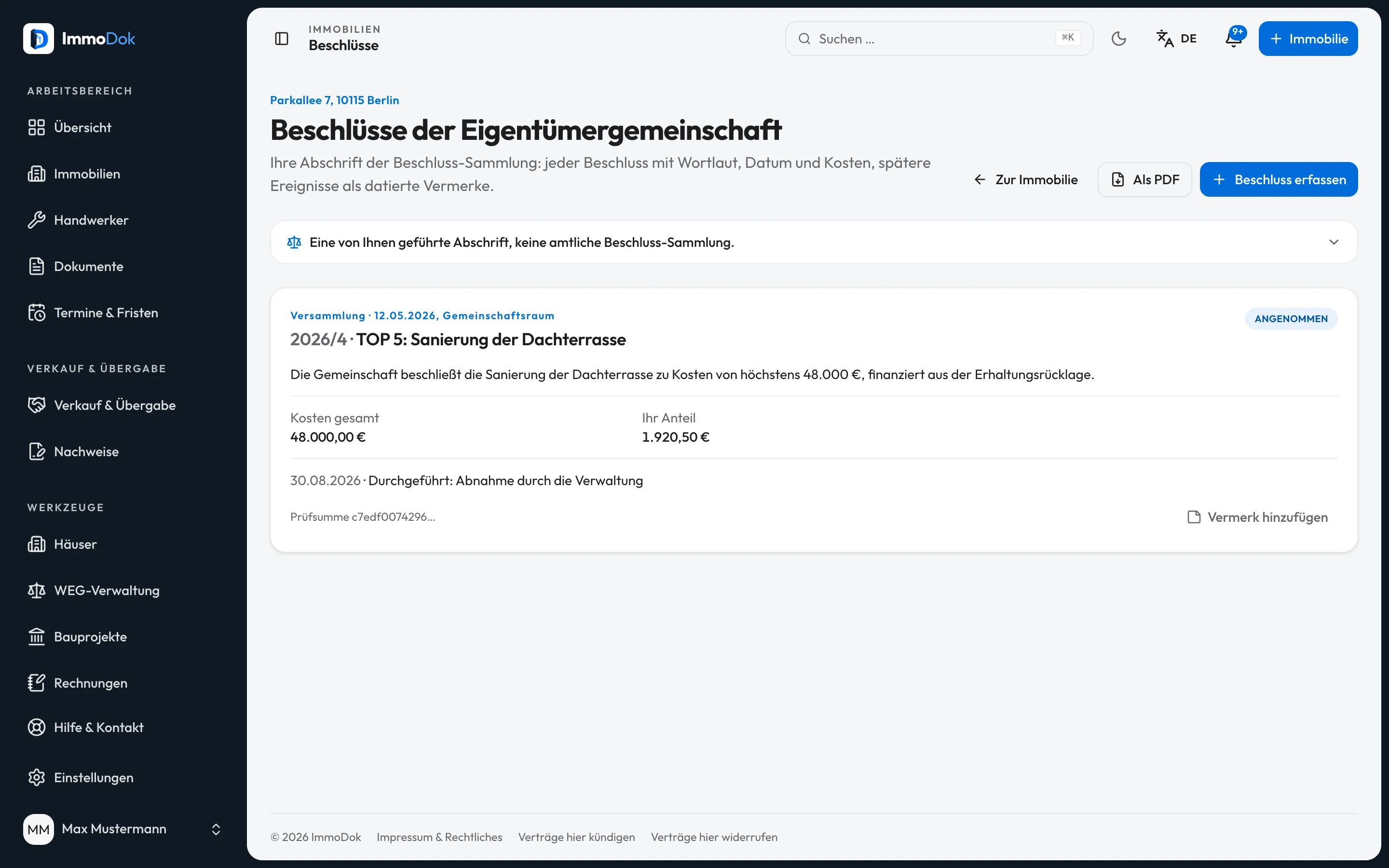 Beschlüsse einer Eigentumswohnung in ImmoDok mit Wortlaut, Kosten und Vermerk