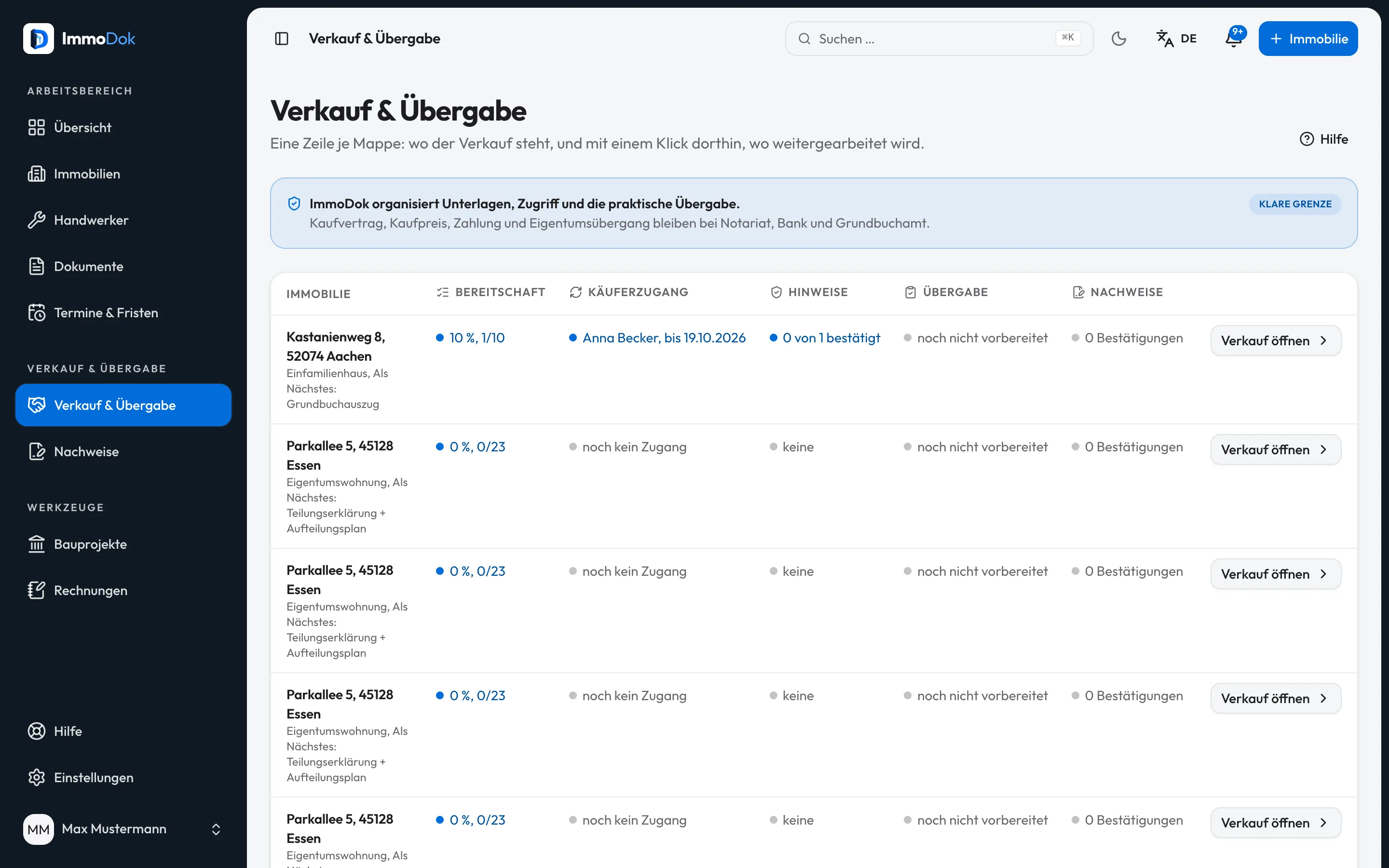 Datenraum-Übersicht im Verkaufsbereich von ImmoDok: Interessent, Status der Einladung und freigegebene Unterlagen