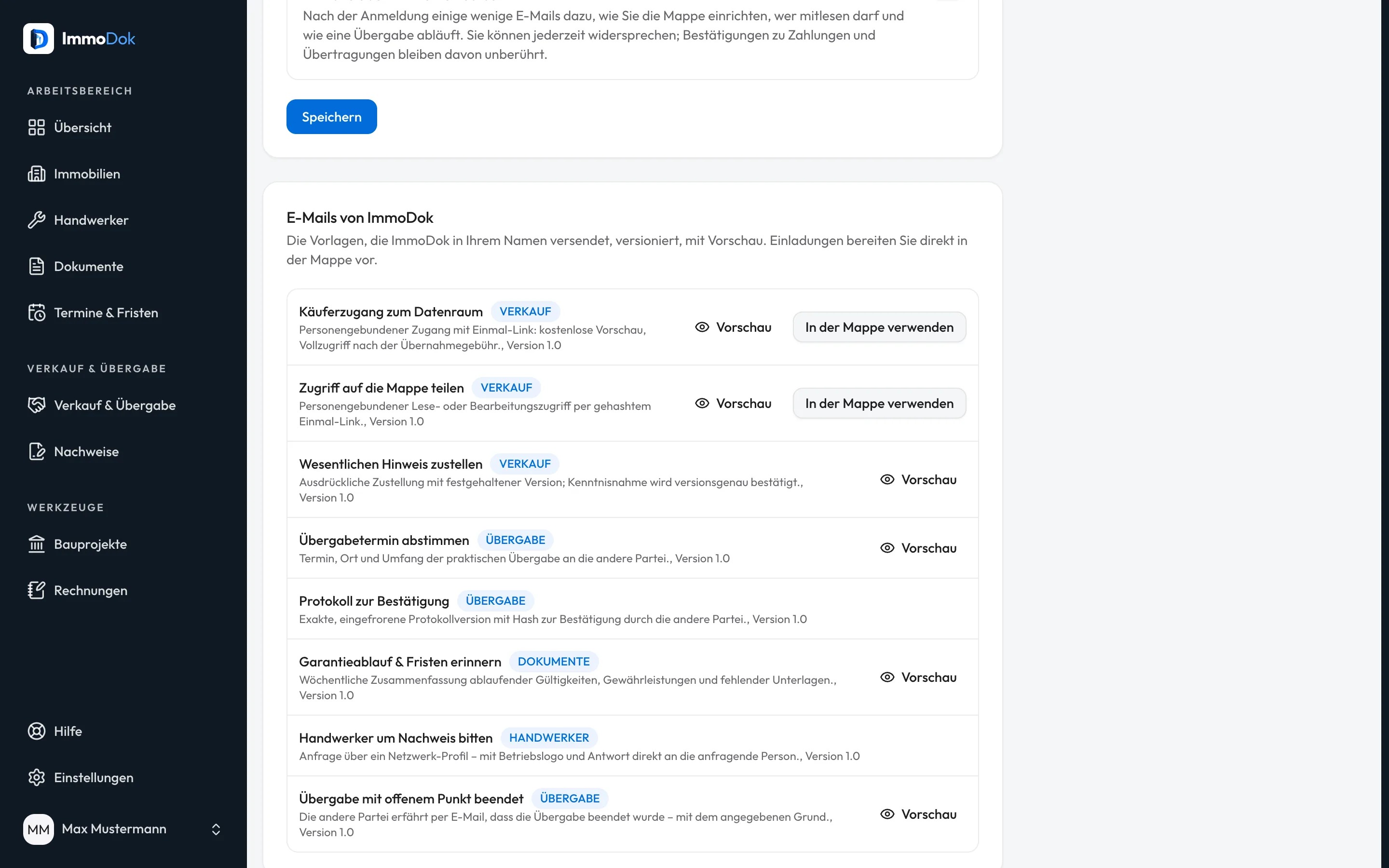 Einstellungen → Benachrichtigungen in ImmoDok: Liste „E-Mails von ImmoDok“ mit Kategorie, Version und Vorschau