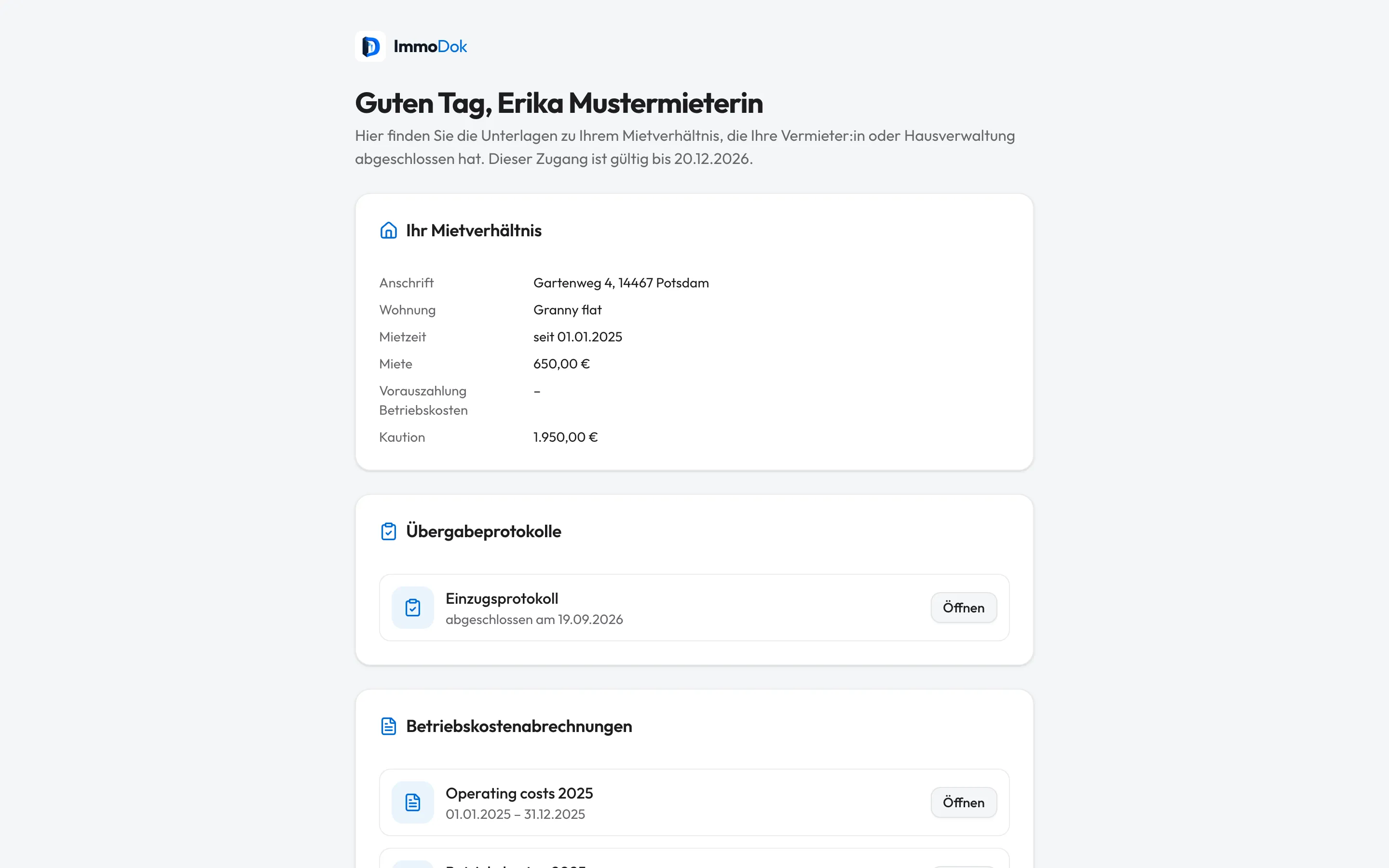 Die Seite für Mieter:innen mit Mietverhältnis, Protokollen, Abrechnungen und Mängelmeldungen