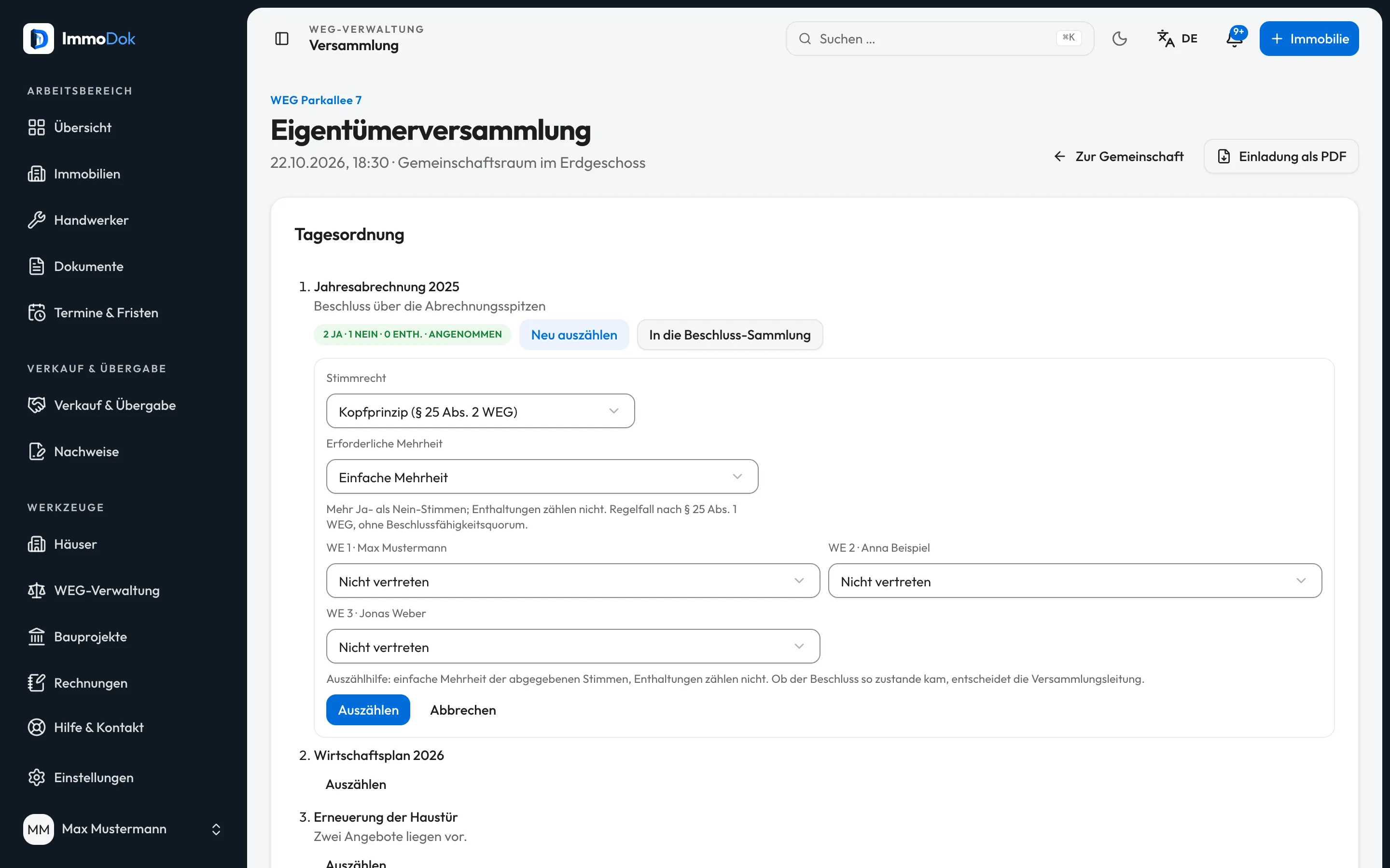 Die Auszählhilfe einer Eigentümerversammlung mit Stimmrecht und Mehrheitsregel