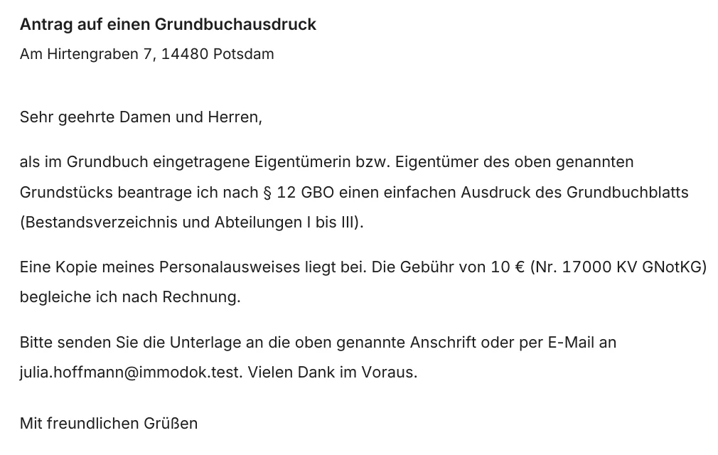 Das vorbereitete Anforderungsschreiben an das Amtsgericht Potsdam: Antrag auf einen Grundbuchausdruck nach § 12 GBO