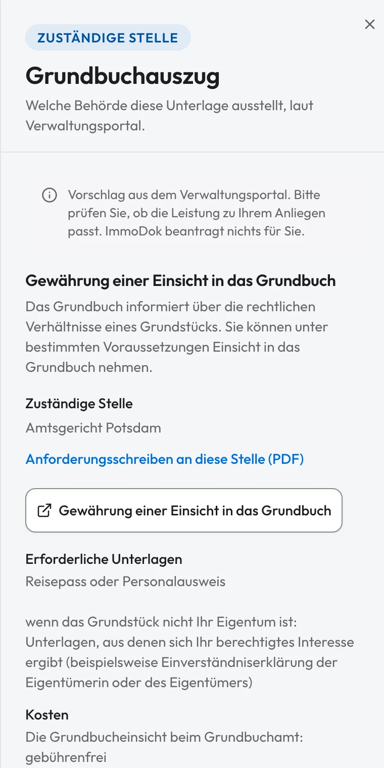 Zuständige Stelle für den Grundbuchauszug: Amtsgericht Potsdam, Anforderungsschreiben, nötige Unterlagen und Kosten