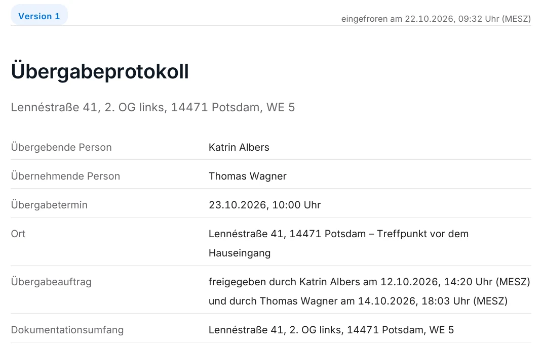 Seite 1 des Übergabeprotokolls: Version 1, eingefroren, Beteiligte, Zählerstände