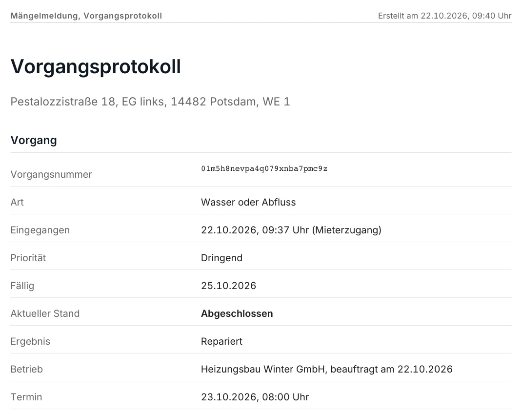 Seite 1 des Vorgangsprotokolls: Wasser, dringend, Betrieb, Termin, Verlauf mit Prüfsummen
